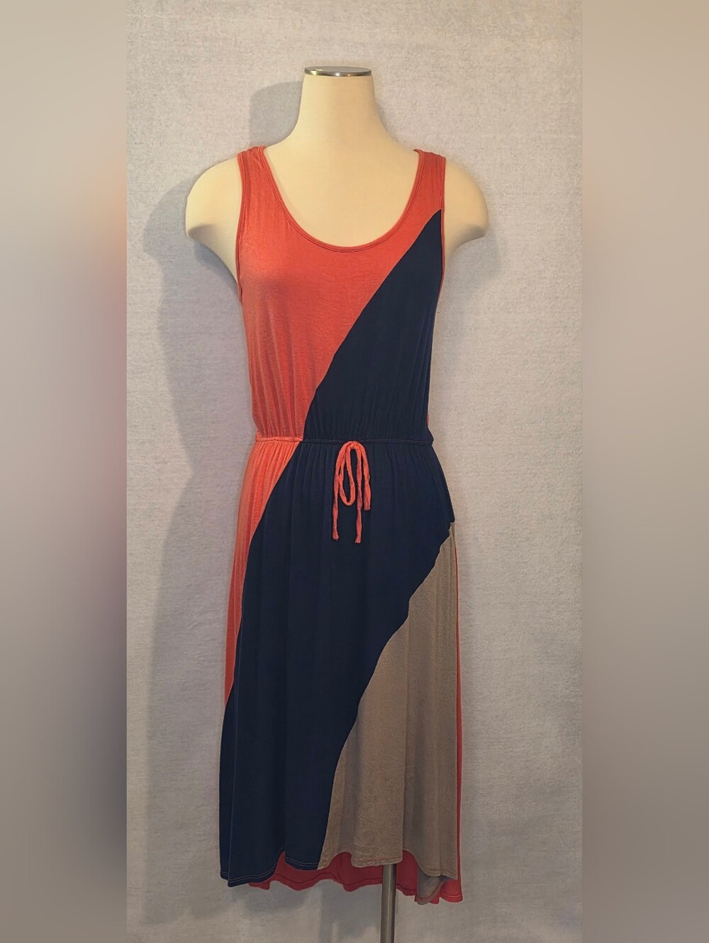 ANDREA MISSY Coral, Navy and Beige Colorblock Sleeveless Midi Dress #b2 vacation
